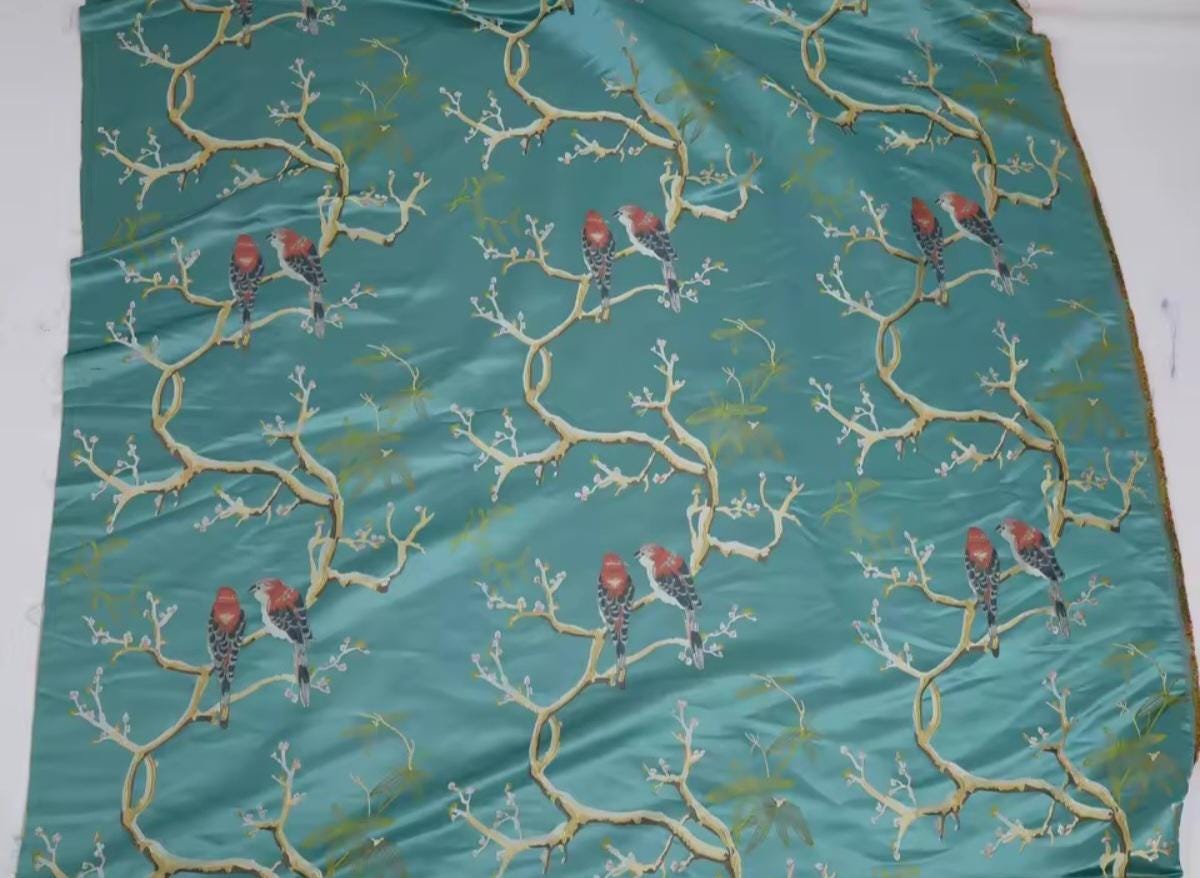 Fabric, Aqua Jacquard, Birds Blossoms, Clothing, Upholstery Pillows Curtains, Collages, Fabric Crafts, 150 cm Wide, Sold By The Meter, Soft