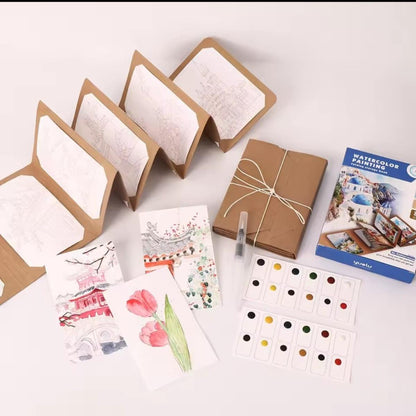 Watercolor Travel Kit, Solid Paints, Expandable Craft Paper Folder, Pen, Printed Art Renderings, Gift, When Cannot Leave the Art Home