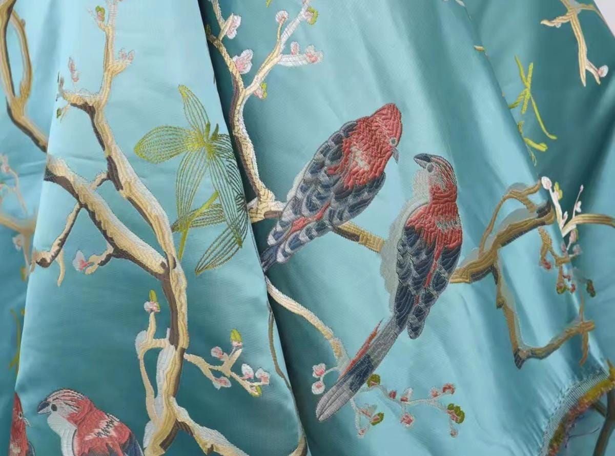 Fabric, Aqua Jacquard, Birds Blossoms, Clothing, Upholstery Pillows Curtains, Collages, Fabric Crafts, 150 cm Wide, Sold By The Meter, Soft