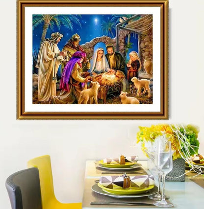 Printed Cross Stitch Kit, Birth of Shepard Jesus, DIY Embroidery Aida 9 or 11CT, DMC Printed Cotton, Craft Religious Art, Gift Joy Spirit