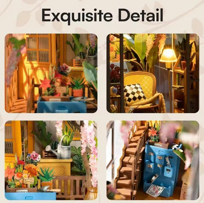DIY Garden Book Nook Kit, Greenhouse Bookshelf Puzzle with LED Light, 14 Varieties of Flowers, Movable Furniture