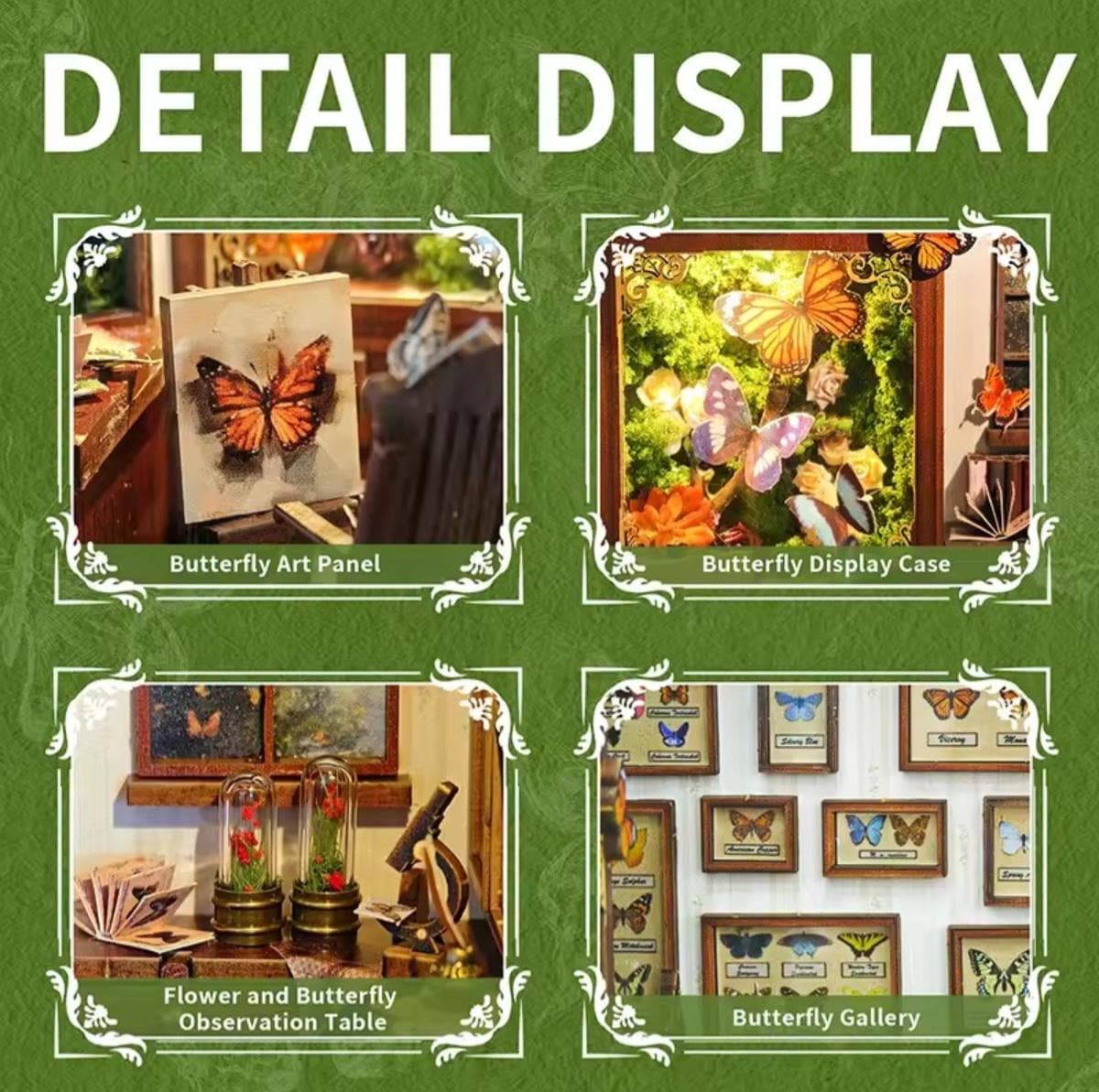 3D Book Nook, Butterfly House, DIY Kit, Nature Bookshelf Puzzle, LED Light, Varieties of Butterflies, Movable Furniture, Gift Nature Lovers
