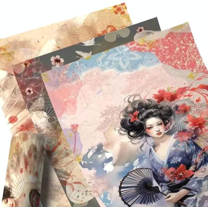 Classical Japanese High Society Rice Paper, Scrapbook, Junk Journal, Decoupage, DIY Cards or Planner Decor, Gift Wrap, 8 pieces