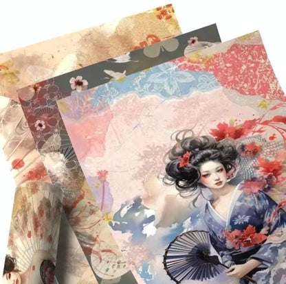 Classical Japanese High Society Rice Paper, Scrapbook, Junk Journal, Decoupage, DIY Cards or Planner Decor, Gift Wrap, 8 pieces
