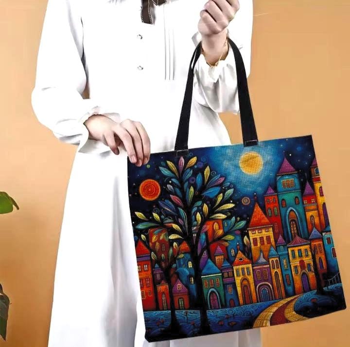 DIY Embroidery Bag Kit to Cross Stitch a Canvas Tote, Moonlit House, 11CT, Printed Canvas, Craft Fashion, Live Design