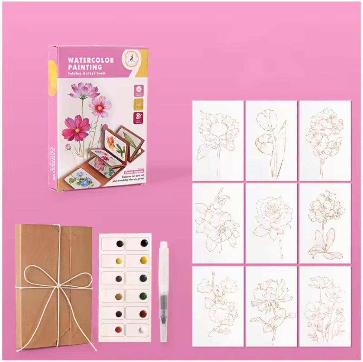Watercolor Travel Kit, Solid Paints, Expandable Craft Paper Folder, Pen, Printed Art Renderings, Gift, When Cannot Leave the Art Home