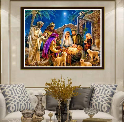Printed Cross Stitch Kit, Birth of Shepard Jesus, DIY Embroidery Aida 9 or 11CT, DMC Printed Cotton, Craft Religious Art, Gift Joy Spirit