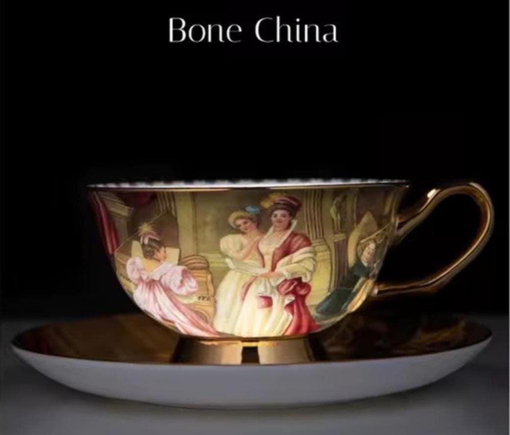 Juego de té de porcelana fina, pintura al óleo, té y arte, vajilla fina para fiesta, taza, platillo y cuchara, bonita caja de regalo, lujosa mesa puesta