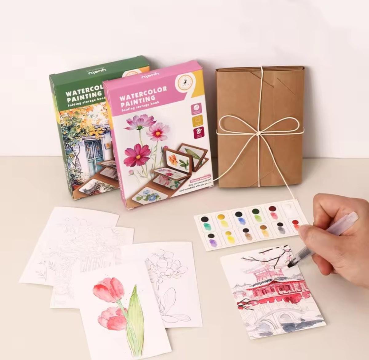 Watercolor Travel Kit, Solid Paints, Expandable Craft Paper Folder, Pen, Printed Art Renderings, Gift, When Cannot Leave the Art Home