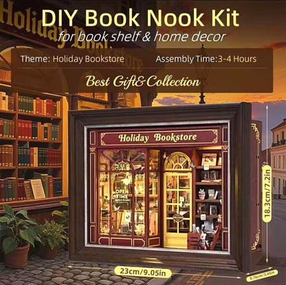 3D Book Nook, Holiday Bookstore DIY Mini Replica Kit, Mount as Wall Art, USB Lights, Wooden Diorama, Adult or Teen, Gift Holiday Charm