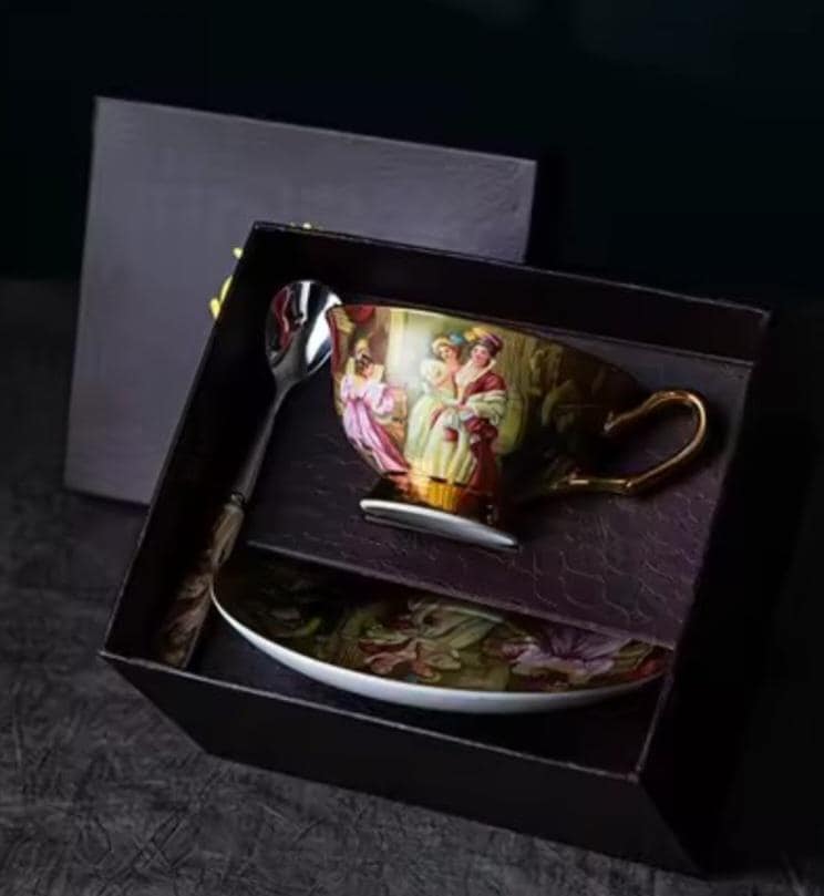 Juego de té de porcelana fina, pintura al óleo, té y arte, vajilla fina para fiesta, taza, platillo y cuchara, bonita caja de regalo, lujosa mesa puesta