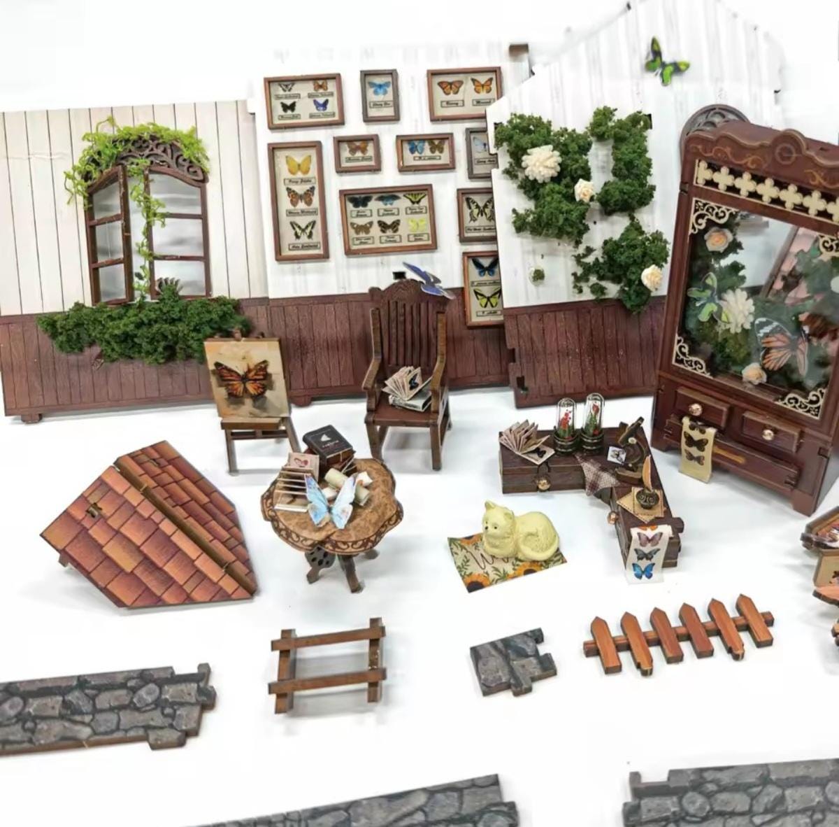 3D Book Nook, Butterfly House, DIY Kit, Nature Bookshelf Puzzle, LED Light, Varieties of Butterflies, Movable Furniture, Gift Nature Lovers