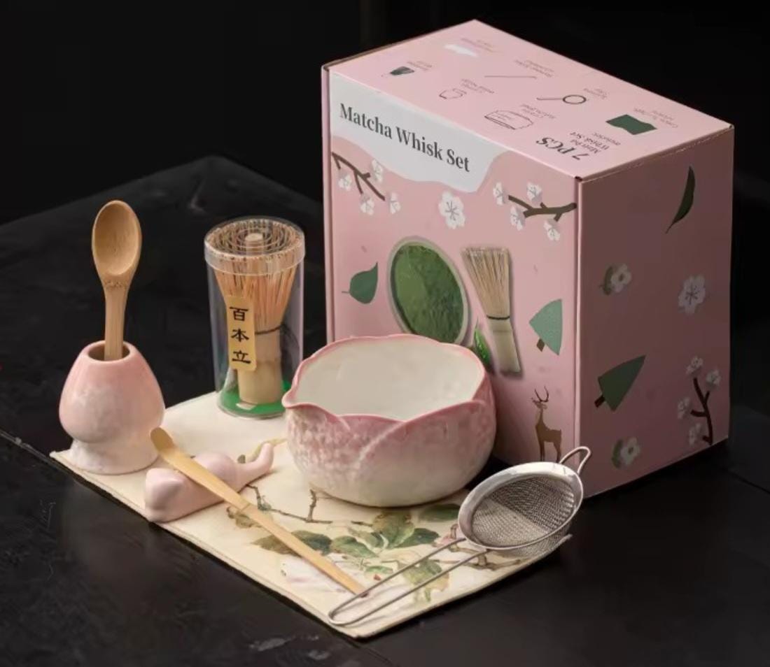 Kit de té Matcha, diseño floral de cristal de hielo, tonos rosa blanco, 4 u 8 piezas, cepillo de bambú, paño de té, suministro para fiestas, regalo para té de alta calidad