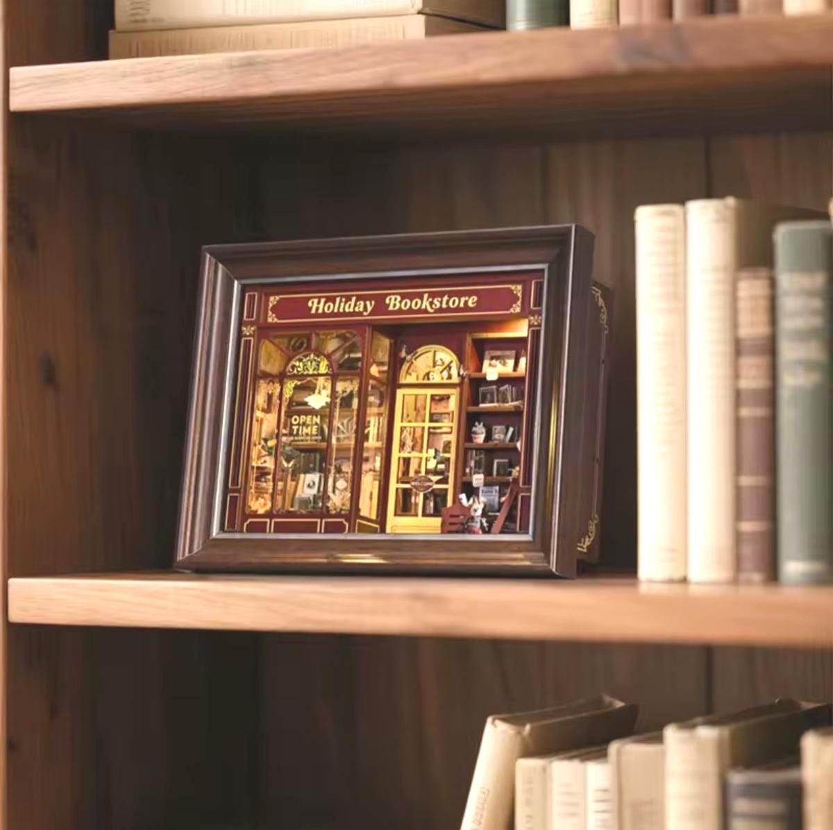 3D Book Nook, Holiday Bookstore DIY Mini Replica Kit, Mount as Wall Art, USB Lights, Wooden Diorama, Adult or Teen, Gift Holiday Charm