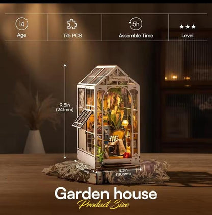 DIY Garden Book Nook Kit, Greenhouse Bookshelf Puzzle with LED Light, 14 Varieties of Flowers, Movable Furniture