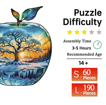 Wood Jigsaw Christmas Puzzle, Apple Shape, Unique shaped pieces, 5mm Extra Thick, Holiday or Snow Season Party Fun, Preserve as Wall Decor