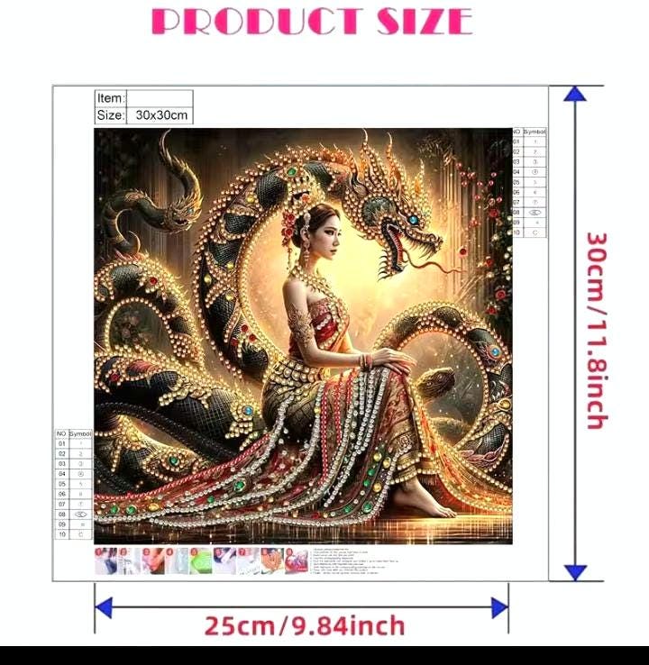 Diamond Paint Kit, Beauty and the Dragon, Asia Inspired Craft, DIY Crystal Mosaic, Round Drill, 30x25 cm, Easy Beginners, Dynamic