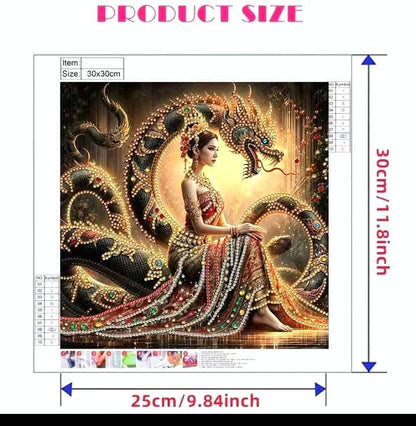 Diamond Paint Kit, Beauty and the Dragon, Asia Inspired Craft, DIY Crystal Mosaic, Round Drill, 30x25 cm, Easy Beginners, Dynamic