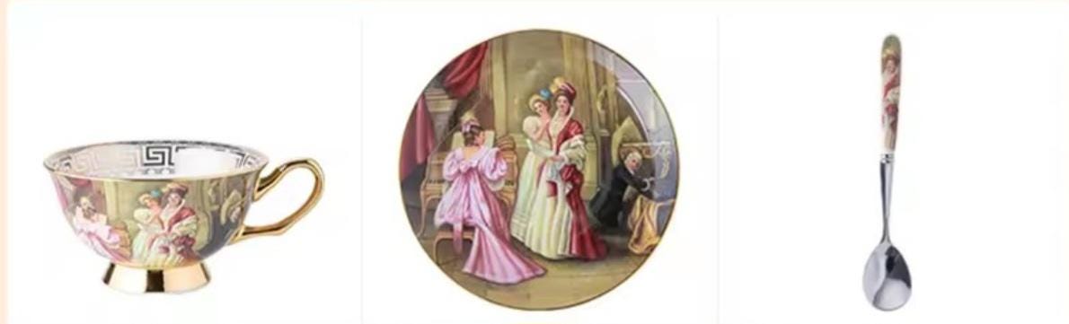 Juego de té de porcelana fina, pintura al óleo, té y arte, vajilla fina para fiesta, taza, platillo y cuchara, bonita caja de regalo, lujosa mesa puesta