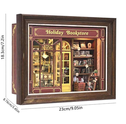 3D Book Nook, Holiday Bookstore DIY Mini Replica Kit, Mount as Wall Art, USB Lights, Wooden Diorama, Adult or Teen, Gift Holiday Charm