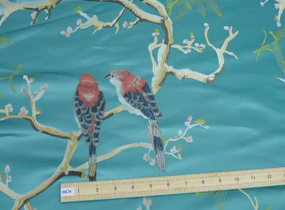 Fabric, Aqua Jacquard, Birds Blossoms, Clothing, Upholstery Pillows Curtains, Collages, Fabric Crafts, 150 cm Wide, Sold By The Meter, Soft
