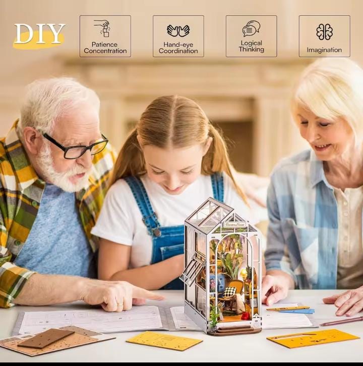 DIY Garden Book Nook Kit, Greenhouse Bookshelf Puzzle with LED Light, 14 Varieties of Flowers, Movable Furniture