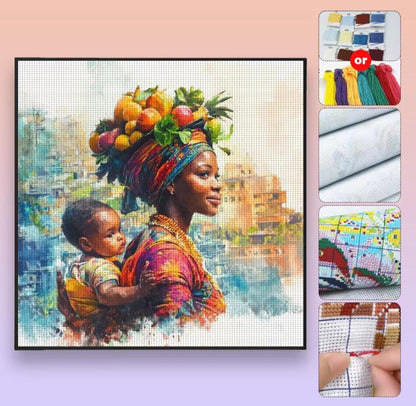 DIY Printed Cross Stitch Kit, Mother and Child DIY Embroidery, 11 or 14 CT, African, Caribbean, Black Women, Latin, Arab, 40x40, Beginners