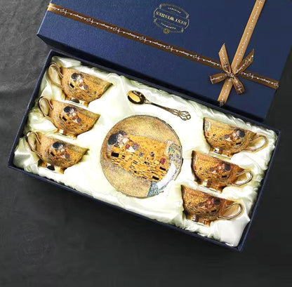 Juego de té de porcelana fina, la obra maestra El beso de Klimt, té y arte, artículos de fiesta de porcelana fina, taza, platillo, cuchara, caja de regalo, vajilla dorada