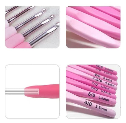 Pink Crochet Hook Kit 9 Piece Set, Chic Travel Case, Ergonomic Soft Handle, Aluminum Hooks, 8 Sizes, Scissors, DIY Knitting Crochet Supply