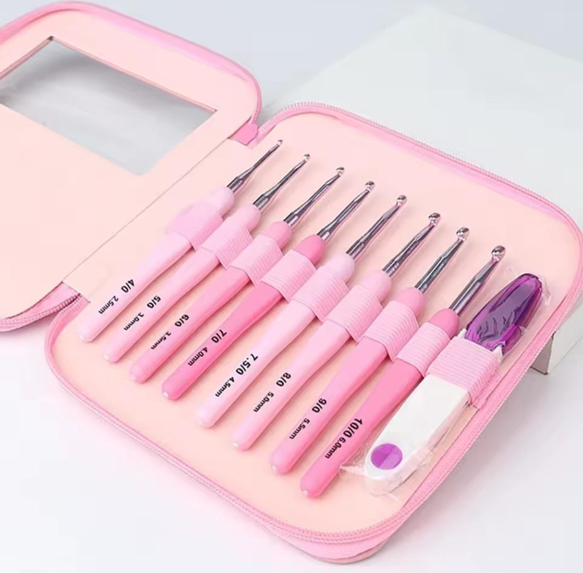 Pink Crochet Hook Kit 9 Piece Set, Chic Travel Case, Ergonomic Soft Handle, Aluminum Hooks, 8 Sizes, Scissors, DIY Knitting Crochet Supply