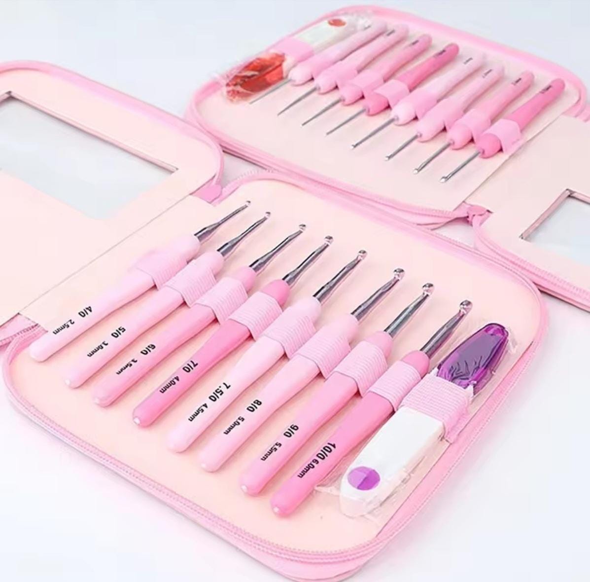 Pink Crochet Hook Kit 9 Piece Set, Chic Travel Case, Ergonomic Soft Handle, Aluminum Hooks, 8 Sizes, Scissors, DIY Knitting Crochet Supply