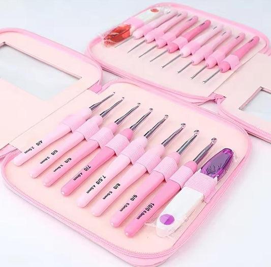 Pink Crochet Hook Kit 9 Piece Set, Chic Travel Case, Ergonomic Soft Handle, Aluminum Hooks, 8 Sizes, Scissors, DIY Knitting Crochet Supply