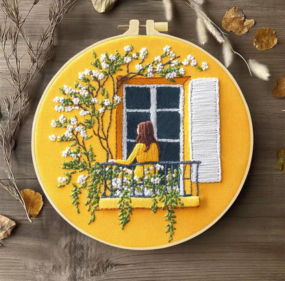 Embroidery DIY, Starter Kit, Yellow Glory, Printed Cross Stitch Beginners, Cotton Thread, Bamboo Hoop, DIY Decor or Gift