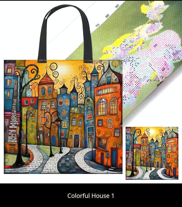 DIY Embroidery Bag Kit to Cross Stitch a Canvas Tote, Colorful Houses in Bright Sunlight, 11CT, Printed Canvas, Craft Fashion, Live Design
