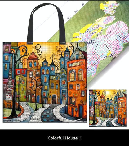DIY Embroidery Bag Kit to Cross Stitch a Canvas Tote, Colorful Houses in Bright Sunlight, 11CT, Printed Canvas, Craft Fashion, Live Design
