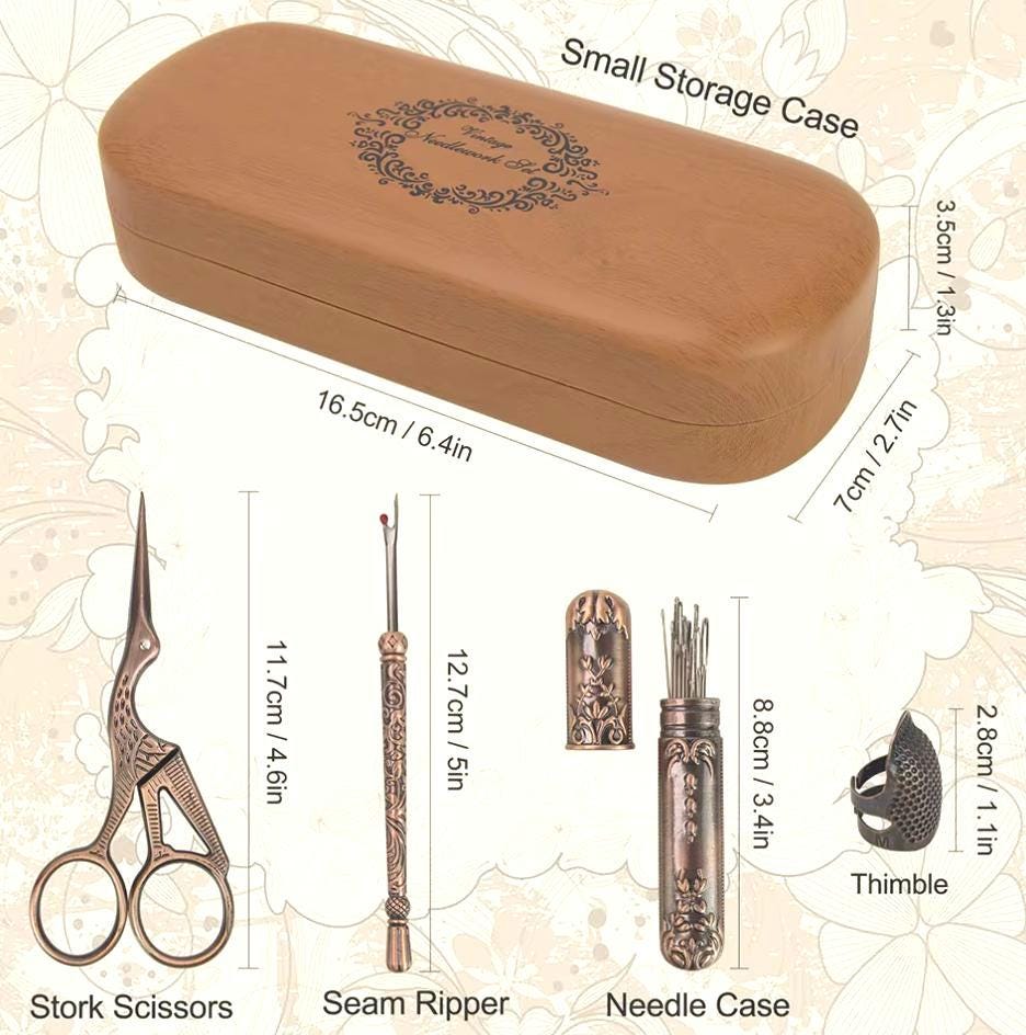 Mini Sewing Kit in Eyeglass Case, Full Travel Set, Bronze or Silver, Portable Quality Sew Embroidery Tools, Scissor Thimble, Elegant Cute