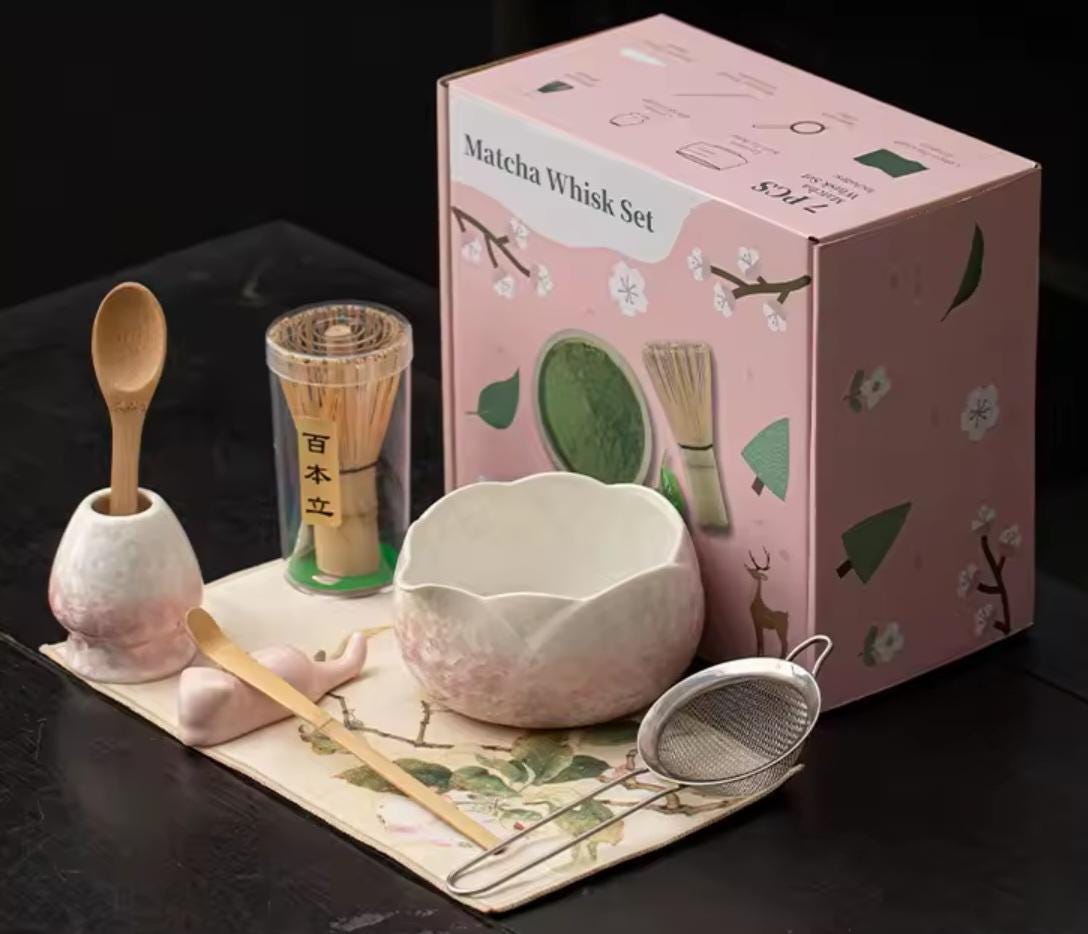 Kit de té Matcha, diseño floral de cristal de hielo, tonos rosa blanco, 4 u 8 piezas, cepillo de bambú, paño de té, suministro para fiestas, regalo para té de alta calidad