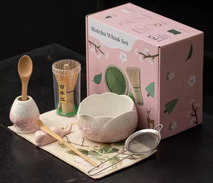 Kit de té Matcha, diseño floral de cristal de hielo, tonos rosa blanco, 4 u 8 piezas, cepillo de bambú, paño de té, suministro para fiestas, regalo para té de alta calidad