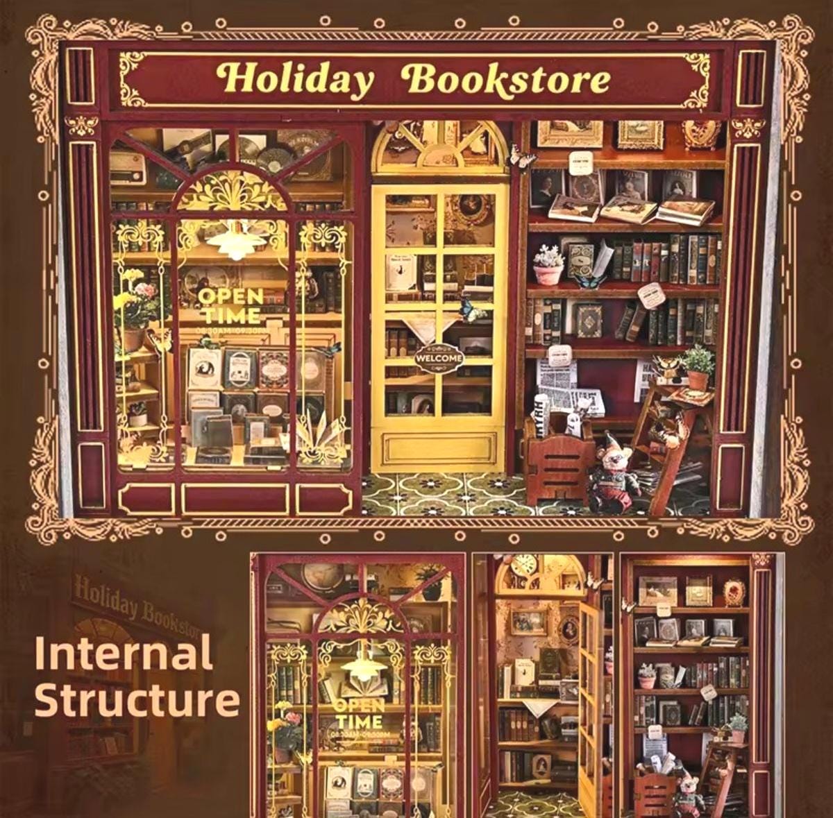 3D Book Nook, Holiday Bookstore DIY Mini Replica Kit, Mount as Wall Art, USB Lights, Wooden Diorama, Adult or Teen, Gift Holiday Charm