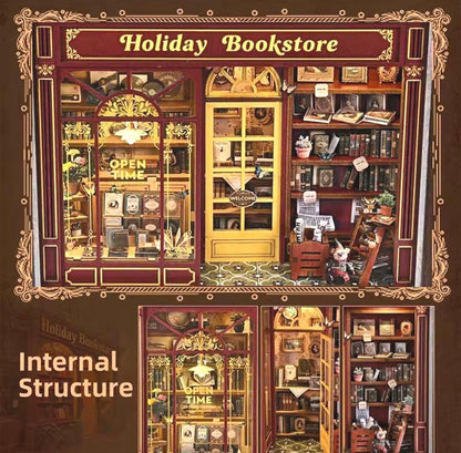 3D Book Nook, Holiday Bookstore DIY Mini Replica Kit, Mount as Wall Art, USB Lights, Wooden Diorama, Adult or Teen, Gift Holiday Charm