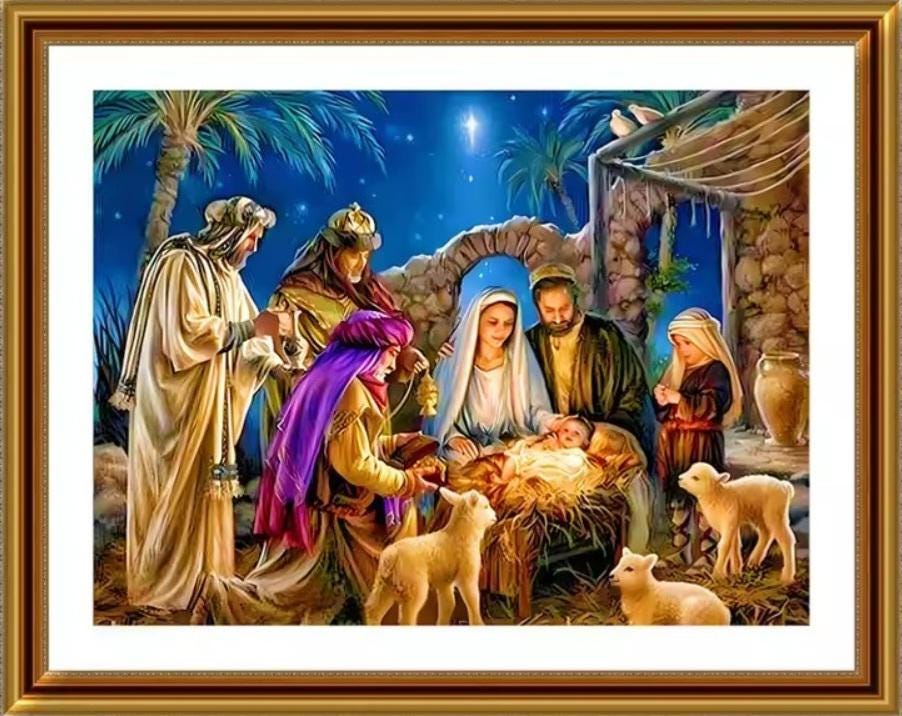 Printed Cross Stitch Kit, Birth of Shepard Jesus, DIY Embroidery Aida 9 or 11CT, DMC Printed Cotton, Craft Religious Art, Gift Joy Spirit