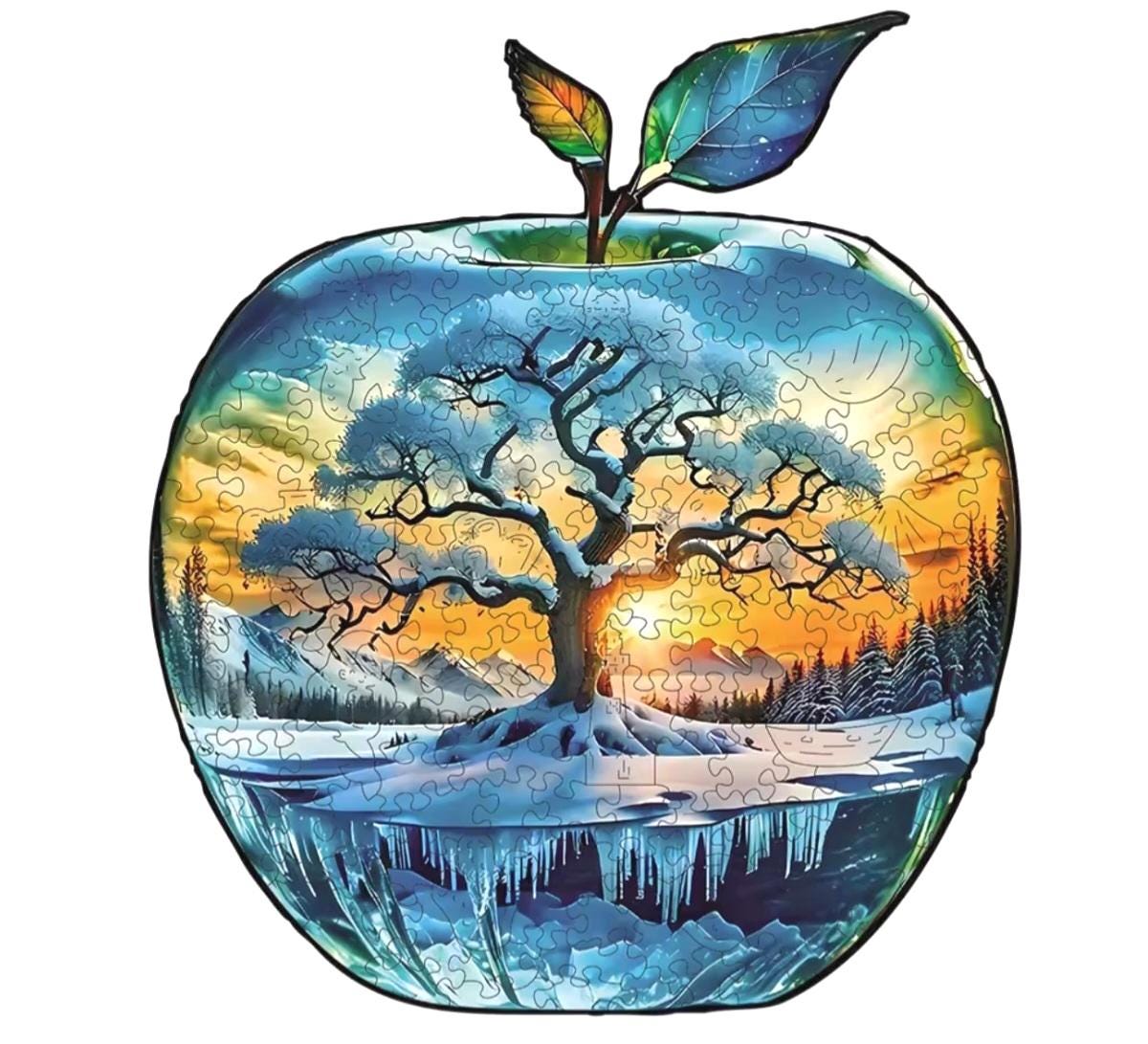 Wood Jigsaw Christmas Puzzle, Apple Shape, Unique shaped pieces, 5mm Extra Thick, Holiday or Snow Season Party Fun, Preserve as Wall Decor
