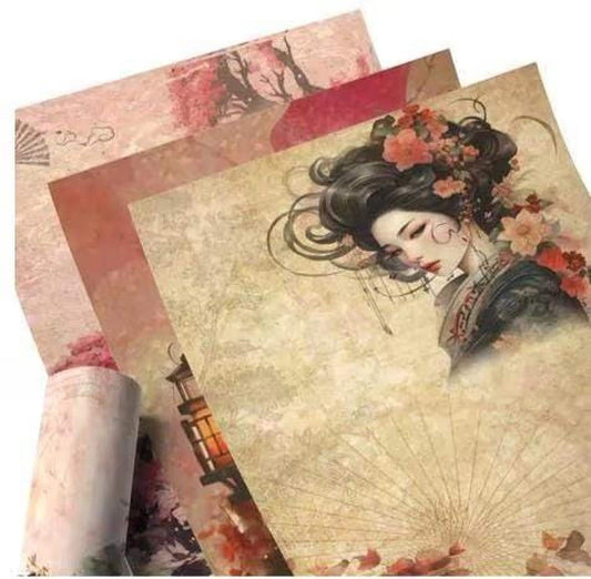 Japanese Rice Paper, Ladies of the Village, 8 pieces, Decorative Gift Wrap, Decoupage, Scrapbook Ephemera, Rose Tones
