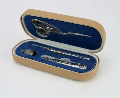 Mini Sewing Kit in Eyeglass Case, Full Travel Set, Bronze or Silver, Portable Quality Sew Embroidery Tools, Scissor Thimble, Elegant Cute