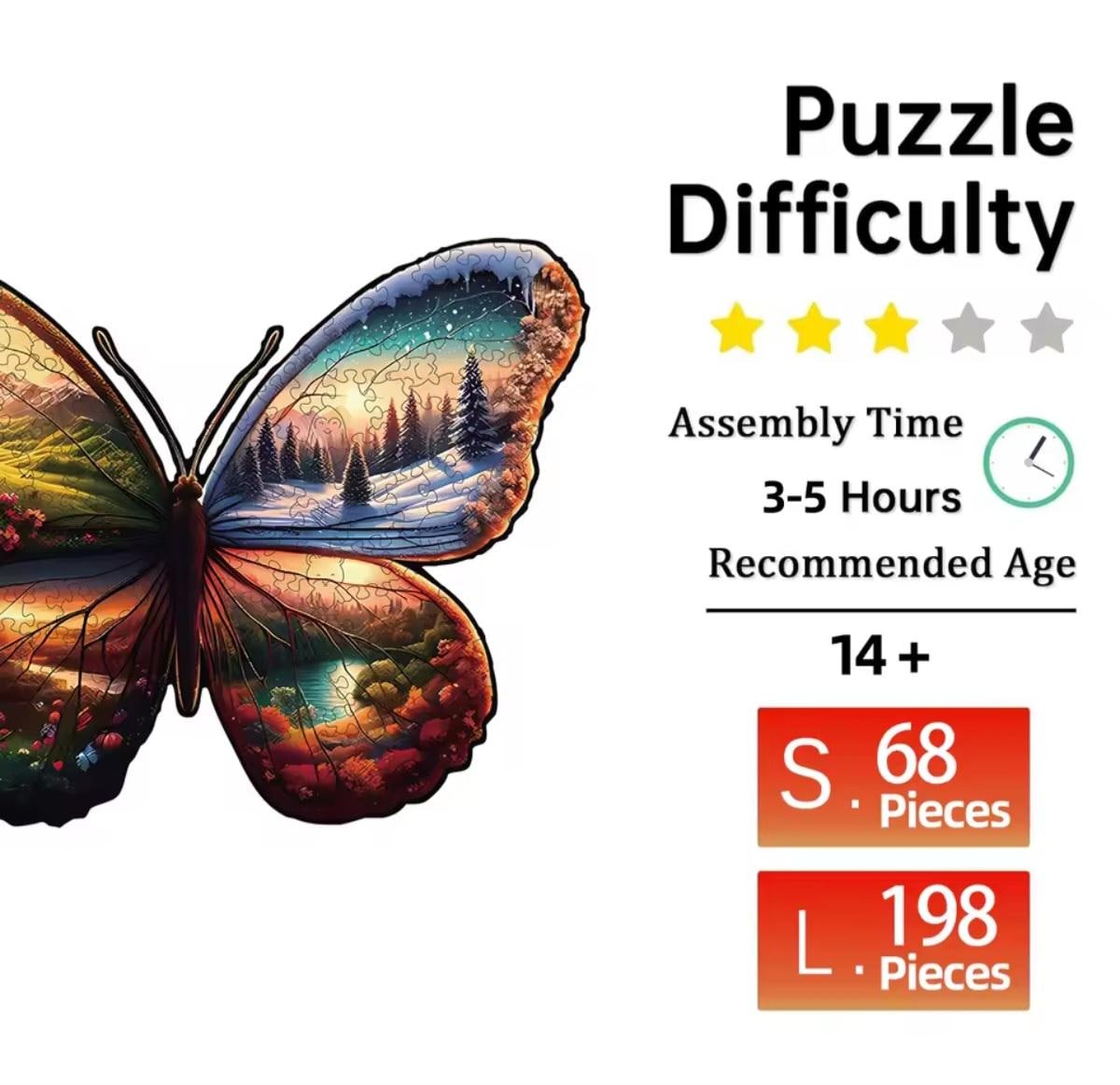 Wooden Jigsaw Puzzle, Unique Butterfly Shape, 5mm Thick, All 4 Seasons Holiday Party Fun, Nature Lovers, Preserve as Decor