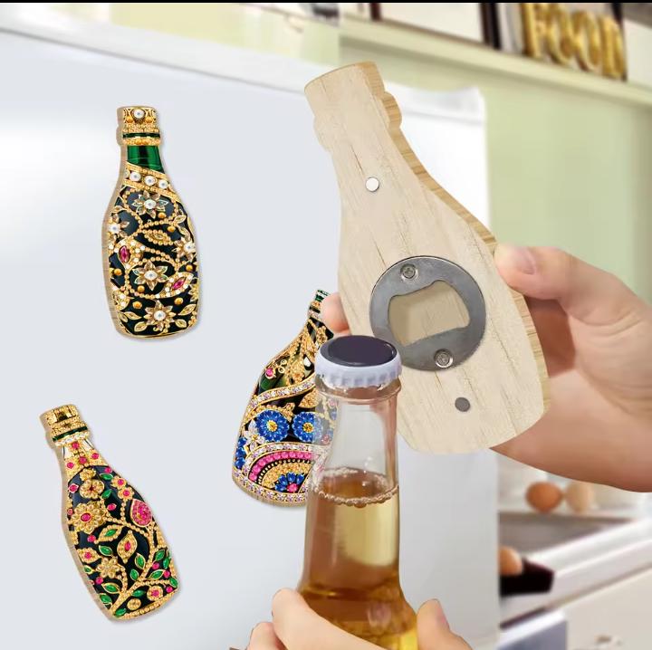Diamond Paint a Bottle Opener, Carved Wooden Champagne Shape, Magnet attached, Crystal Mosaic Kit, Bling Kitchen Decor, Fun Bright Day