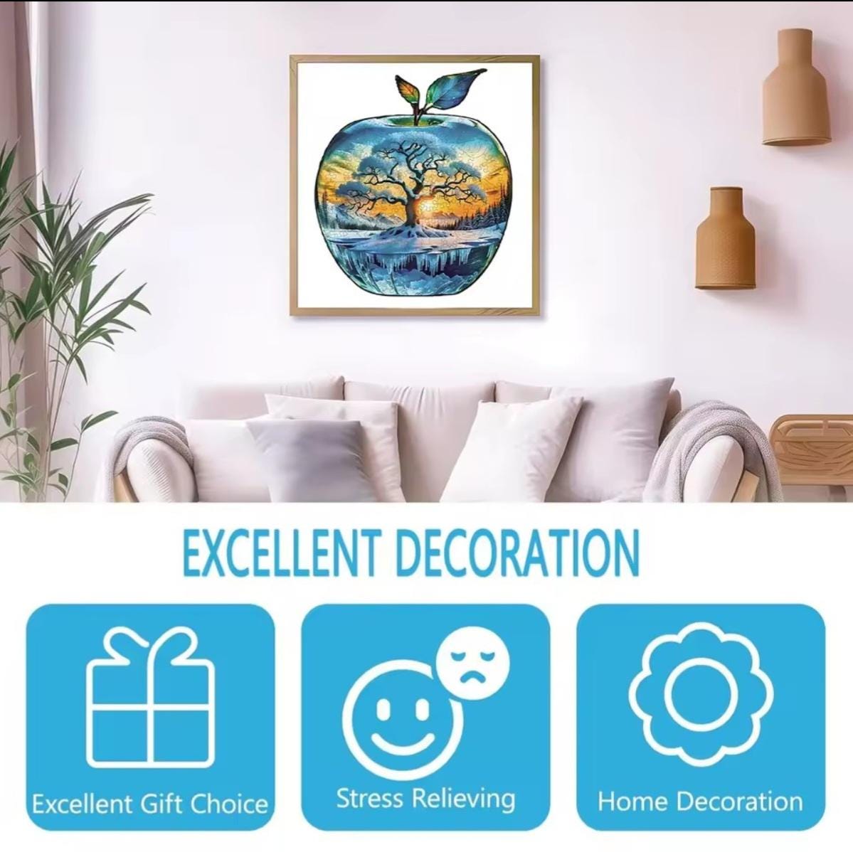 Wood Jigsaw Christmas Puzzle, Apple Shape, Unique shaped pieces, 5mm Extra Thick, Holiday or Snow Season Party Fun, Preserve as Wall Decor
