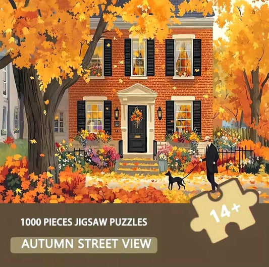 1000 Pieces Jigsaw Puzzle, Autumn Stroll in Falling Leaves, 38x26 cm, Code on Back, Seasonal, Halloween Party Fun, Preserve as Wall Decor