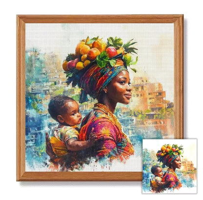 DIY Printed Cross Stitch Kit, Mother and Child DIY Embroidery, 11 or 14 CT, African, Caribbean, Black Women, Latin, Arab, 40x40, Beginners