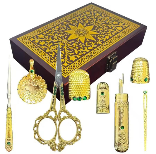 Vintage Sewing Kit in Wood Box, Gold Color Embroidery Tools Gift Set, Designed Wood Case, Portable, Premium Look, Complete Set